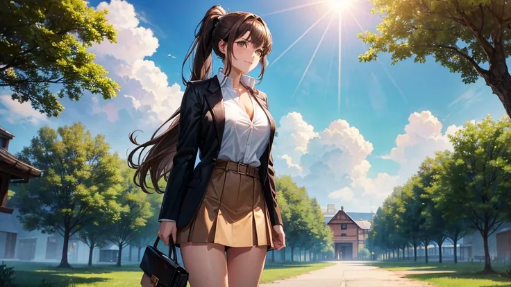 1girl, full body, solo, summer, village, trees, sun, clouds, ((brown hair)), ponytail, large breasts, ((black blazer)), button down shirt, ((white shirt)), ((unbuttoned shirt)), unbuttoning buttons, brown eyes, skirt, smile, looking at the viewer, standing...