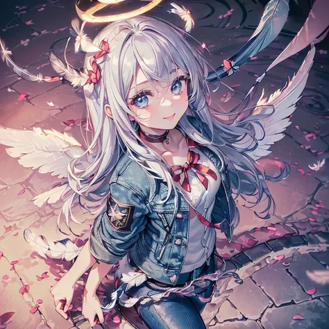 
(Angel:1.8),(angel wings:1.8),(halo:1.8),(loli:1.7),(denim_jacket:1.6),(leather_pants:1.6),(face_focus:1.6),(from diagonally above:2.0),(((cobblestone road))), (((vintage style building))),(((white Hair))),(((((very long hair))))),((Clear blue eyes)),((to...