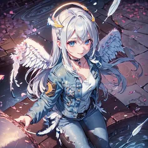 
(Angel:1.8),(angel wings:1.8),(halo:1.8),(loli:1.7),(denim_jacket:1.6),(leather_pants:1.6),(face_focus:1.6),(from diagonally above:2.0),(((cobblestone road))), (((vintage style building))),(((white Hair))),(((((very long hair))))),((Clear blue eyes)),((to...