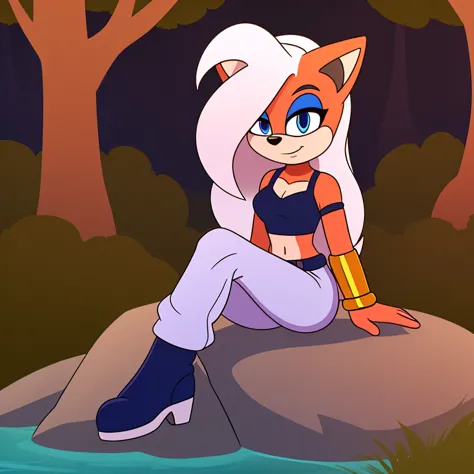 ((1girl)), ((solo)), female, mobian, hedgehog, pink fur, furry, sitting crossed leg, sitting on a large rock, (her attire is a b...