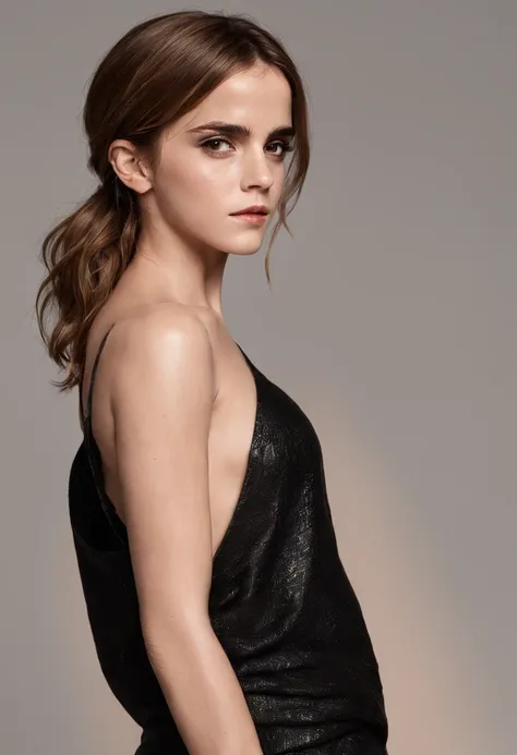 Emma Watson without clothes, (oiled skin:1.5), no bra, pokies, puffies, pointy breasts, hard_nips, low cut neckline, ample cleavage, seductive, cowboy shot, 8k, exposed breasts, huge breasts, (enormous breasts:1.3), (very thin waist:1.3), hourglass figure