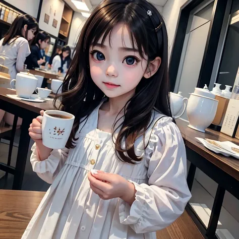 little girl holding a coffee cup, cute girl, cute and delicate face, cute slender face, hayami, chiho, yoshitomo nara, young cut...