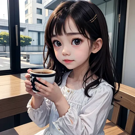 little girl holding a coffee cup, cute girl, cute and delicate face, cute slender face, hayami, chiho, yoshitomo nara, young cut...