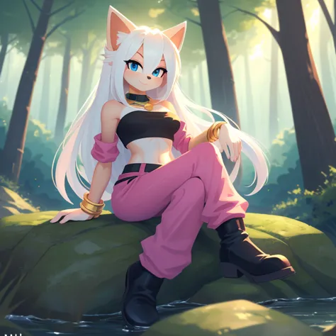 ((1girl)), ((solo)), female, mobian, hedgehog, pink fur, furry, sitting crossed leg, sitting on a large rock, (her attire is a b...