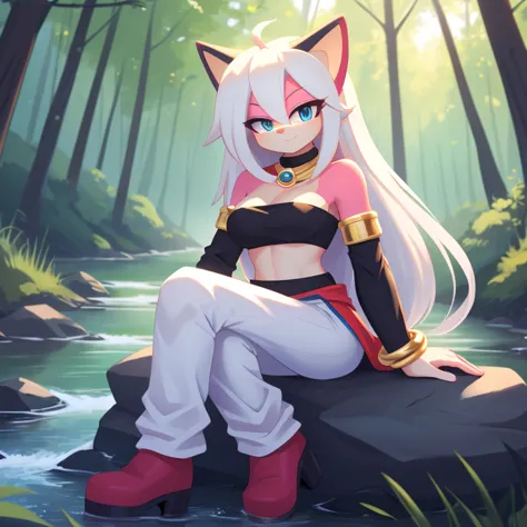 ((1girl)), ((solo)), female, mobian, hedgehog, pink fur, furry, sitting crossed leg, sitting on a large rock, (her attire is a b...