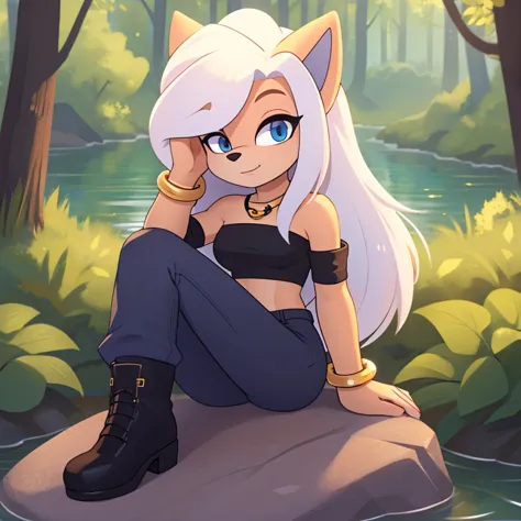 ((1girl)), ((solo)), female, mobian, hedgehog, pink fur, furry, sitting crossed leg, sitting on a large rock, (her attire is a b...