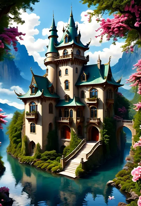 (a dreamy, enchanting castle),(magical, surreal),(vibrant colors),(soft, romantic lighting),(detailed architecture),(fluffy, flo...