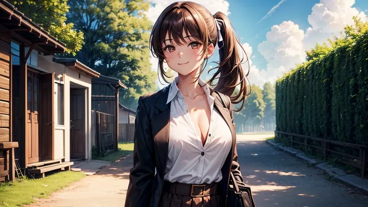 1girl, full body, solo, summer, village, trees, sun, clouds, ((brown hair)), ponytail, large breasts, ((black blazer)), button down shirt, ((white shirt)), ((unbuttoned shirt)), unbuttoning buttons, brown eyes, skirt, smile, looking at the viewer, standing...