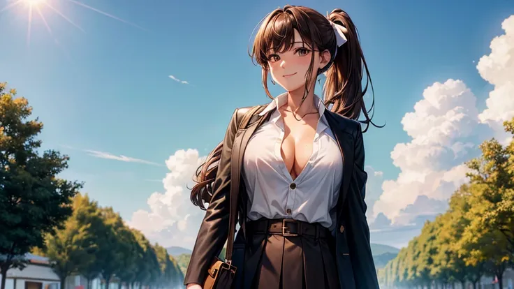 1girl, full body, solo, summer, village, trees, sun, clouds, ((brown hair)), ponytail, large breasts, ((black blazer)), button down shirt, ((white shirt)), ((unbuttoned shirt)), unbuttoning buttons, brown eyes, skirt, smile, looking at the viewer, standing...