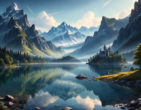 hyper-detailed, octane rendering of a serene lake mirroring the soaring silhouettes of mountain ranges creating a stunning illus...