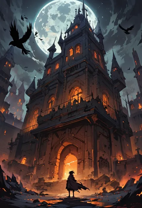 (best quality, high resolution, Terror Castle，Dark atmosphere，moon，crow