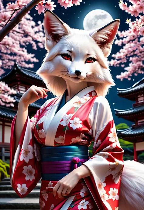 Anthropomorphic sexy white fox  dressed as a sexy Japanese geisha, visible cleavage, wearing an open decorated kimono, in a cherry blossom forest, in the moonlight, view from below looking up, photorealistic, high quality photography, 