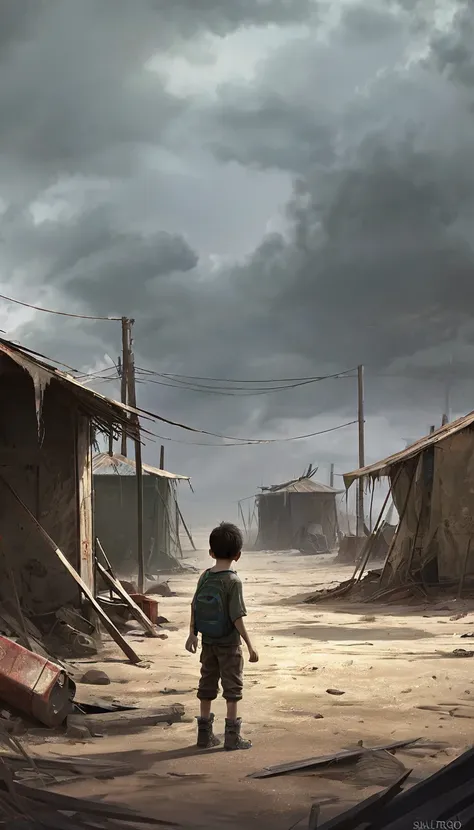 gloomy world, digital painting, artstation, evocative scene depicting a young boy playing in the dust in a post-apocalyptic land...