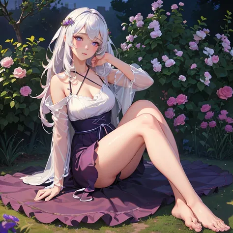 (best quality,4k,8k,highres,masterpiece:1.2),ultra-detailed,(realistic,photorealistic,photo-realistic:1.37),illustration,soft lighting,a girl with white hair,deep purple eyes,glowing eyes,sitting down,barefoot,face blushing,in a garden at night,flowers.