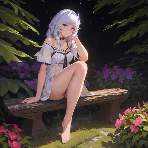 (best quality,4k,8k,highres,masterpiece:1.2),ultra-detailed,(realistic,photorealistic,photo-realistic:1.37),illustration,soft lighting,a girl with white hair,deep purple eyes,glowing eyes,sitting down,barefoot,face blushing,in a garden at night,flowers.