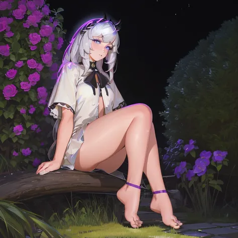 (best quality,4k,8k,highres,masterpiece:1.2),ultra-detailed,(realistic,photorealistic,photo-realistic:1.37),illustration,soft lighting,a girl with white hair,deep purple eyes,glowing eyes,sitting down,barefoot,face blushing,in a garden at night,flowers.