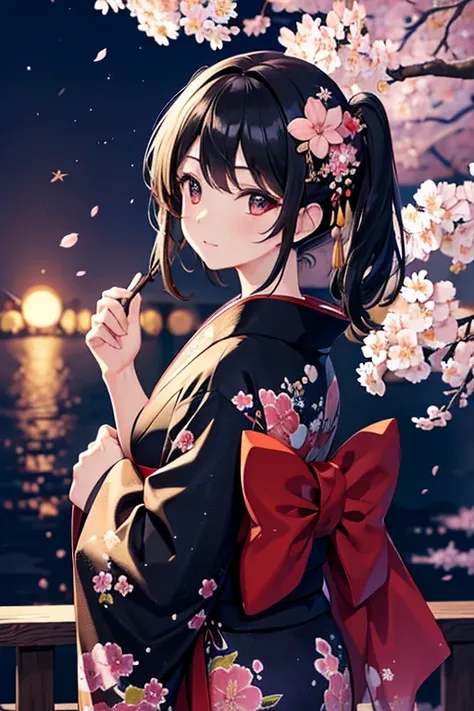 8k, super detail, masterpiece, high quality, best qualit,Fluttering cherry blossoms,Detailed Background,Black Hair,Mature beauty,Flower pattern kimono,night,moon