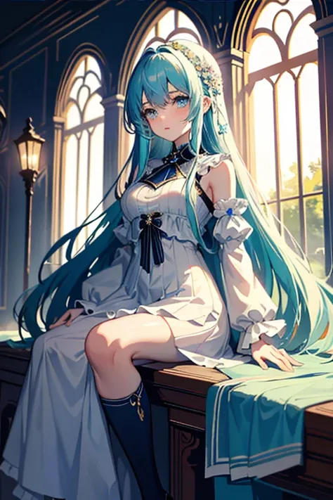 ((highest quality)), ((masterpiece)), (detailed), Perfect Face
「Has long light blue hair、Beautiful girl with sparkling eyes。She has an introverted and mysterious vibe.、Wear cute and sexy clothes、I love knee-high socks。Her expression is calm、He seems a litt...