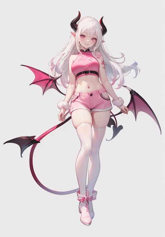 ((Perfect Face))("A succubus with pale skin, medium breasts, white hair with light pink tips, pink eyes, pink demon horns, pink demon tail, pink womb tattoo, and pink crop top, white shorts, white thigh highs, pink ankle boots)((Simple light color backgrou...