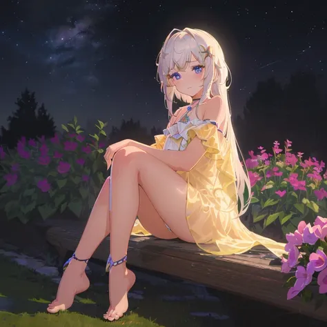 (best quality,4K,8k,high resolution,masterpiece:1.2),Super detailed,(Practical,photoPractical,photo-Practical:1.37),illustration,soft light,White hair girl,Deep purple eyes,Glowing eyes,sit down,barefoot,blush,In the garden at night,Flowers.