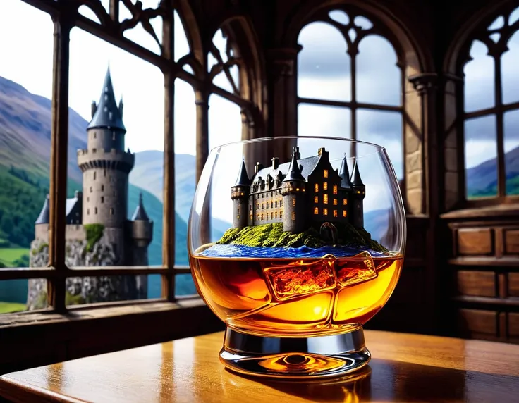 diorama . there's a scottish castle in a glass of whisky.hyperdetalization. a masterpiece.