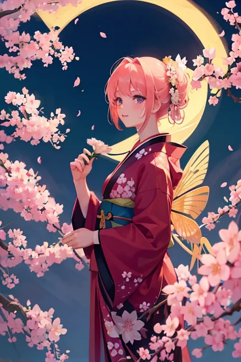 8k, super detail, masterpiece, high quality, best qualit,Fluttering cherry blossoms,Detailed Background,vivid obi,Mature beauty,Flower pattern kimono,night,moon