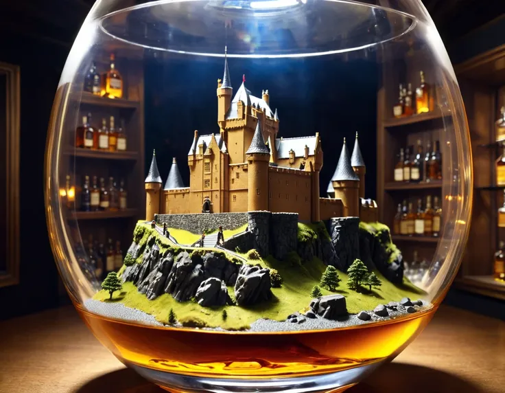 diorama . there's a scottish castle in a glass of whisky.hyperdetalization. a masterpiece.