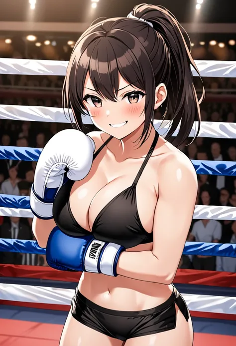 high quality, girl, Ponytail, Smile,blush,Wearing a black bikini，Wearing white boxing gloves, Alone in the boxing ring, Hands in boxing gloves，Cross your arms，cleveage，Large Breasts