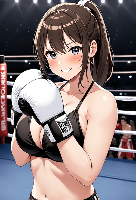 high quality, girl, Ponytail, Smile,blush,Wearing a black bikini，Wearing white boxing gloves, Alone in the boxing ring, Hands in boxing gloves，Cross your arms，cleveage，Large Breasts