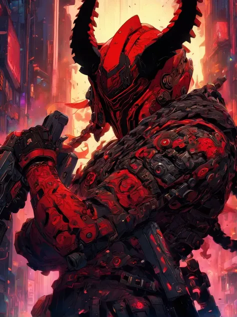 This image is strikingly dynamic and vibrant, blending elements of the futuristic and the fantastical. The character, adorned with a red and black armored suit complemented by a distinct horned helmet, exudes a strong, almost demonic aura. She wields an ov...