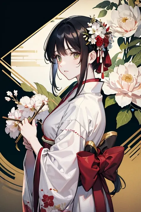 She wore a white kimono with red flowers painted on it.、Boy with black hair and green eyes