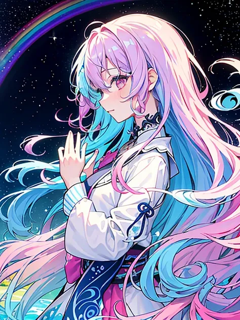 (masterpiece、highest quality、highest quality、water彩画(curly)、Official Art、Beautiful and aesthetic:1.2)、(One Girl:1.3)、(Fractal Art:1.3)、Upper body、From the side、Looking at the audience、pattern、(Rainbow Hair、colorfulな髪、Half Blue、Half pink hair:1.2)、water、liq...