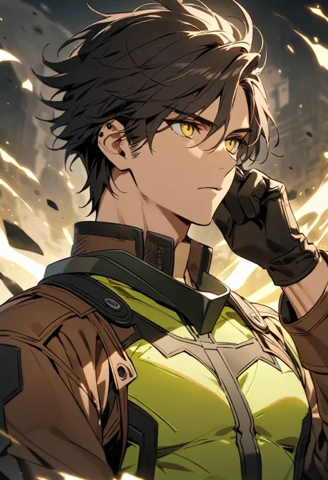 He has a strong, athletic build and striking white streaks framing his otherwise dark hair, styled in a short, tousled manner. His eyes are piercing and thoughtful. Typically, he wears a form-fitting combat uniform, predominantly in green and yellow tones,...