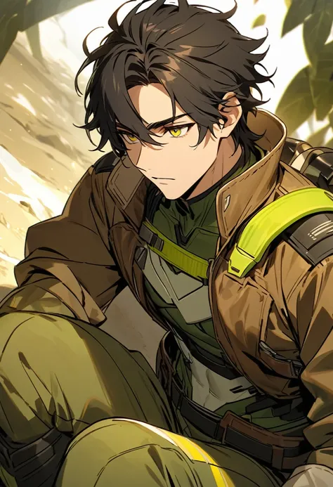 He has a strong, athletic build and striking white streaks framing his otherwise dark hair, styled in a short, tousled manner. His eyes are piercing and thoughtful. Typically, he wears a form-fitting combat uniform, predominantly in green and yellow tones,...