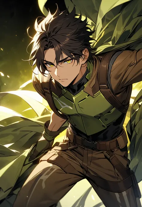 He has a strong, athletic build and striking white streaks framing his otherwise dark hair, styled in a short, tousled manner. His eyes are piercing and thoughtful. Typically, he wears a form-fitting combat uniform, predominantly in green and yellow tones,...