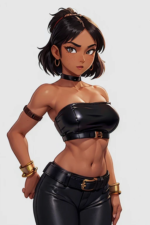 8K, (best quality, masterpiece:1.3), (detailed:1.2), 1girl, solo, ((26 year old, Filipino Woman, tanned bronze skin:1.02, short black hair:1.3, Detailed Amber eyes:1.03, Detailed face, medium breasts, narrow waist, wide hips, curvy (Wearing: Strapless Blac...