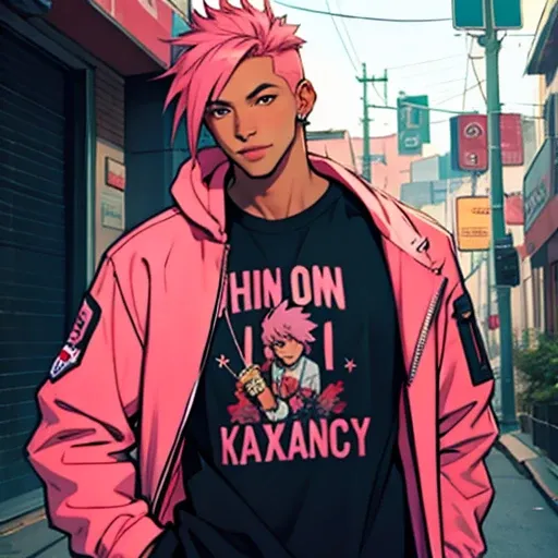 fnf style ,human male ,pink hair , brown skin ,