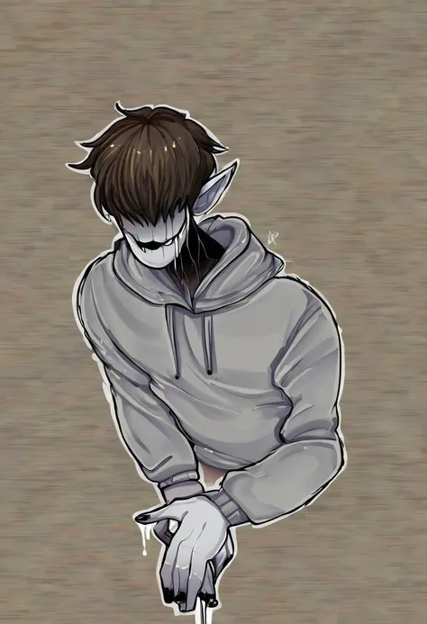 eyeless jack, creepypasta, grey hoodie, empty sockets dripping tar, grey skin, short brown hair, male, pointy ears
