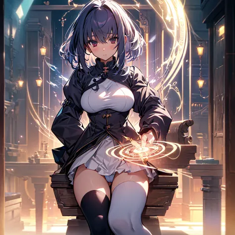 (( dakimakura, )), Powerful Magic、Young witch、mature、Sincere look、Powerful vibrations、Obedient、Incredible precision、High-end clothing、detailed fabric、Sitting on a chair in the lab, looking towards me、Courteous attitude、Correct etiquette、Very favorable、Wood...