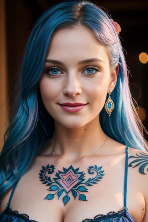 une femme de 25 ans, sexy, romantic smile, HD, 8k, masterpiece, a lot of details, blue hairs, deep look, blue eyes, pink lace lingery, tribal tattoo