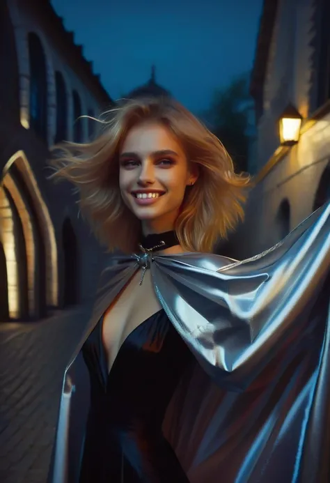 Vampyfangs1 , (RAW photo) , 1girl, cute, 20 years old, long blonde hair , smiling, look at viewer, ((((silver satin cape tied at the neck)))+++, side spilt skirt , photo, realistic, best quality, hires, detailed face, detailed background, diffused lighting...