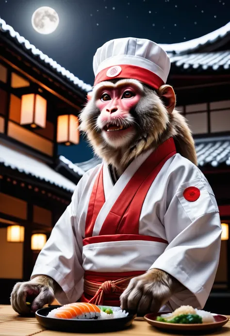 Anthropomorphic snow monkey dressed as a traditional sushi chef, in traditional izzkaya, in the moonlight, view from below looking up, photorealistic, high quality photography, 