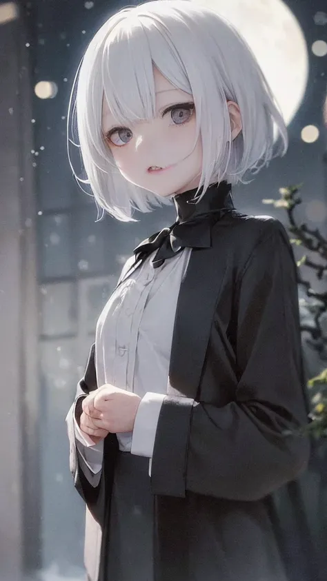 (masterpiece、highest quality)、Short nape hair、1 girl with very short white hair、Black cardigan、Grim expression、Grey Eyes、Warm lighting、 Blurred foreground、Deep in the night、High Contrast、night,Heavy snowfall,winter,full moon