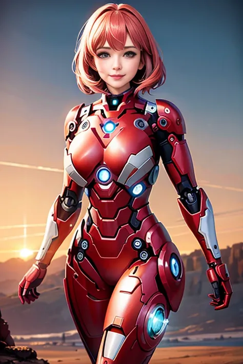 une femme de 25 ans, sexy, romantic smile, HD, 8k, masterpiece, a lot of details, pink ironman, ironman cosplay, robotic body, in a apocalyptic landscape