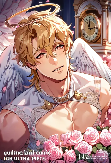 absurdres, highres, ultra detailed, HDR, master piece, best quality, perfect face, beautiful eyes, delicate features, Quincy, blond messy hair, expressive amber eyes, Nu Carnival, solo, sexy man, handsome, white fantasy clothes, angel, wings, halo, in wond...