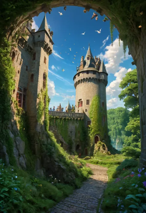 (magical, dreamlike, never-before-seen, enchanting, majestic castle),(hypnotizing, hyper-detailed, sharp focus, 4k, 8k, high-def...