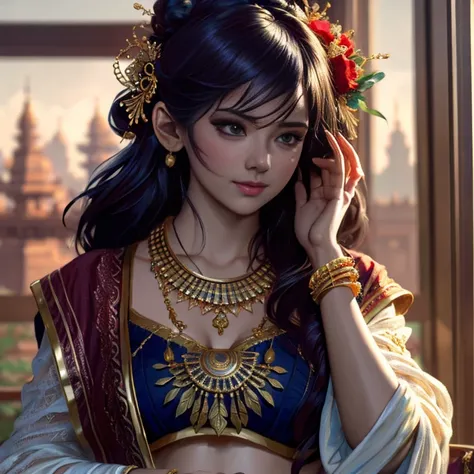 modelshoot style, (extremely detailed CG unity 8k wallpaper), full shot body photo of the most beautiful artwork in the world, stunningly beautiful photo realistic cute big breasts women in saree (navel:1.5), professional majestic oil painting by Ed Blinke...