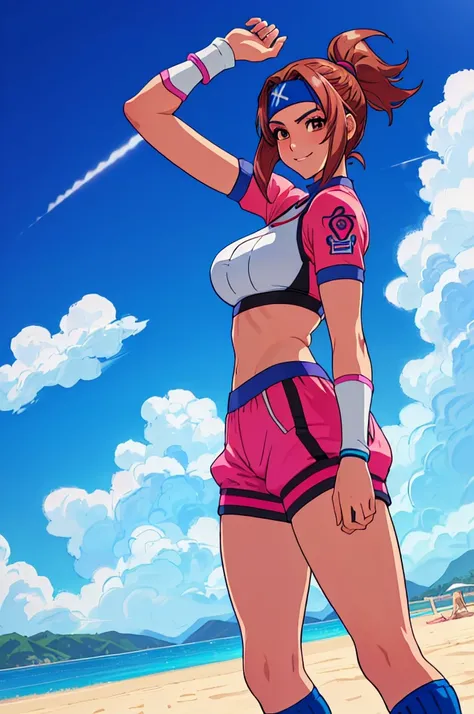 imagined a girl in extreme sport outfit playing to a flying disc game in a beach arena game sport, masterpiece, ultra-detailed, 80s anime (style), 2D, megapixel, perfectionism, full HD , 4K, (windjammers), windjammers sport game, windjammers 2 (((((solo ma...