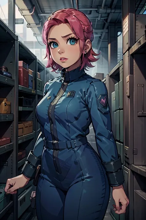 mayl sakurai reimagined as a vault dweller, doing maintenance in an underground vault. her vibrant pink hair stands out against ...