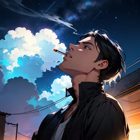 Smoke a cigarette,male,Wear a shirt,Looking up at the sky,Black Hair,Night Sky